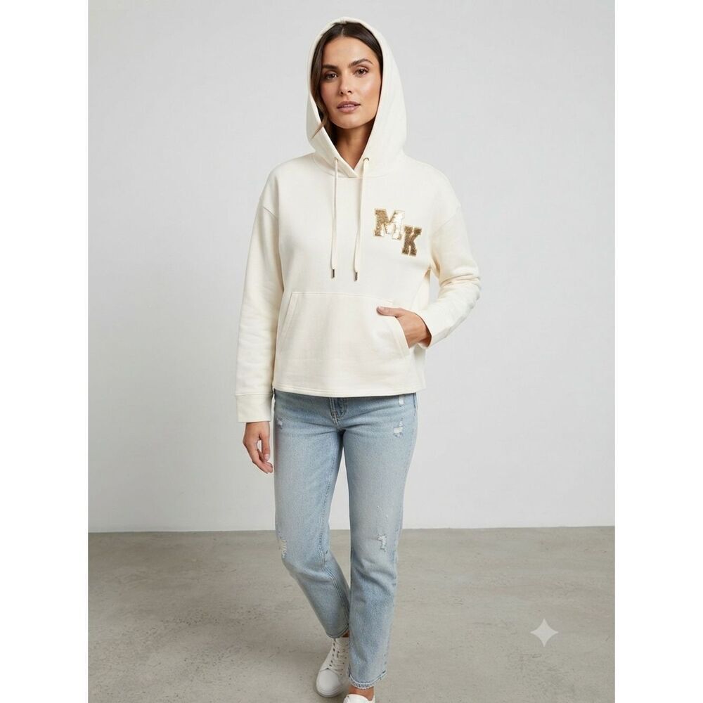 NWT Michael Kors Cream/Gold Sequin MK Logo Hoodie | Size Medium